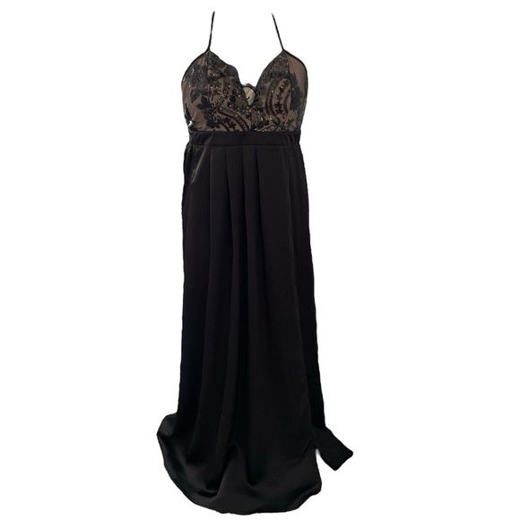 Showpo. studded black halter strap satin maxi slip dress, plunge neck, Sz: US 4 - Picture 4 of 11
